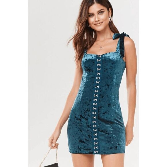 Forever 21 Forest Green Velvet Tie Shoulder Hook Eye Mini Dress S NWT - Picture 8 of 11